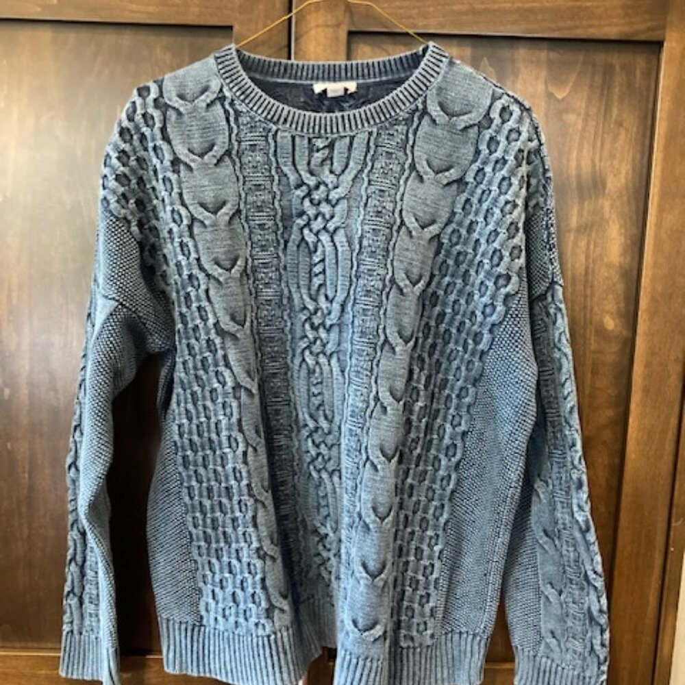 J. Jill Crewneck Chunky Fisherman Cable Sweater - Mineral Washed Blue
